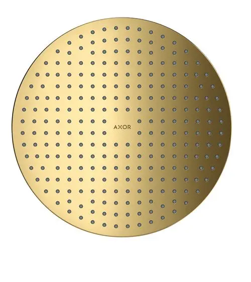Runde Kopfbrause in glänzendem Gold mit gleichmäßigen Düsen, markiert mit "AXOR", aus rechteckigem Design für Deckenmontage.